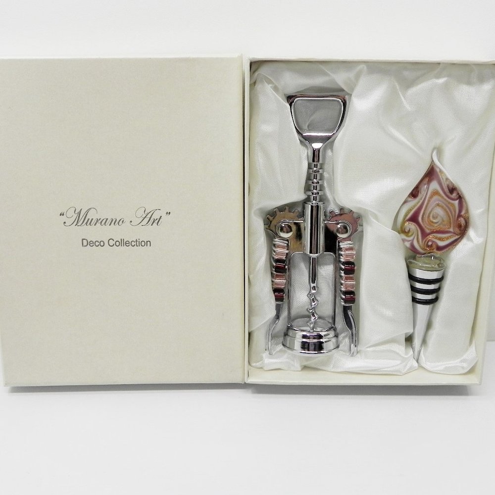 Murano Art Deco Wine Stopper & Cork Screw Set